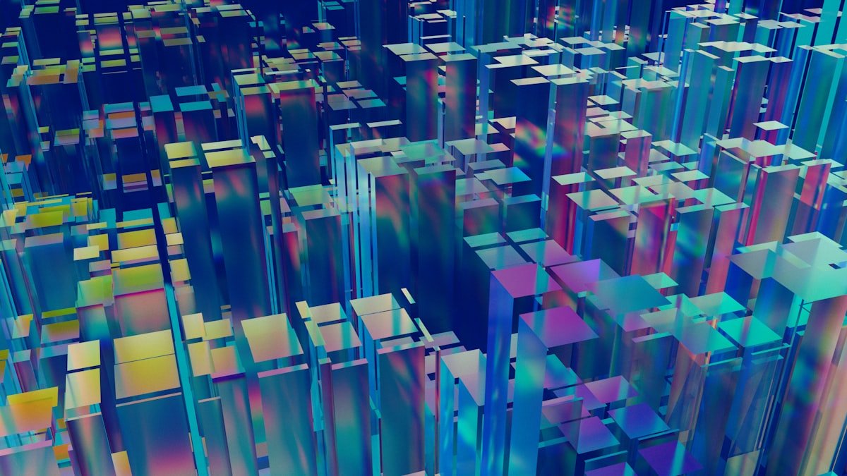 Photo by and machines on Unsplash. Source: https://unsplash.com/photos/iridescent-rectangular-prisms-in-grid-2yClsTFXIcE (Unsplash License).