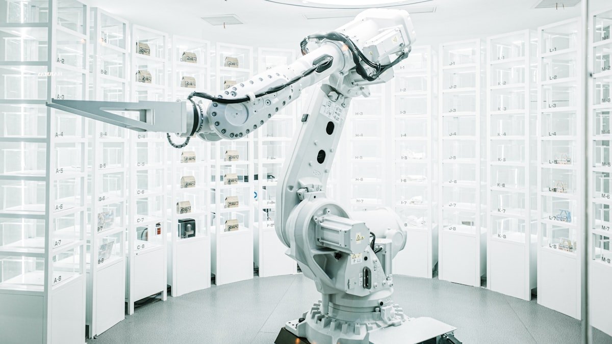 Photo by ZHENYU LUO on Unsplash. Source: https://unsplash.com/photos/white-robotic-arm-in-display-showroom-kE0JmtbvXxM (Unsplash License).