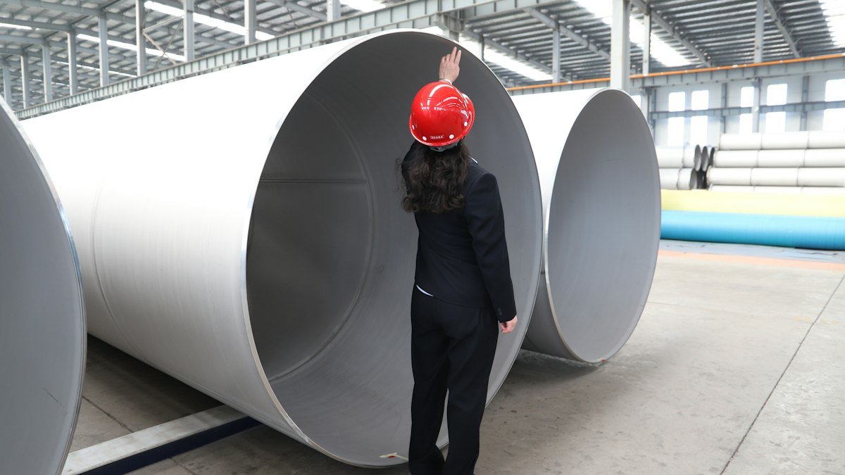 Worker inspecting large industrial pipes in a factory. Photo by xing bowen on Unsplash. Source: https://unsplash.com/photos/worker-inspects-large-metal-pipes-in-factory-XZVHCe9B2wY (Unsplash License).