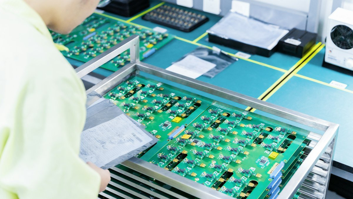 Photo by Lightsaber Collection on Unsplash. Source: https://unsplash.com/photos/qA-tTFNQyiI (Unsplash License). A technician inspects a rack of populated circuit boards on a production line.
