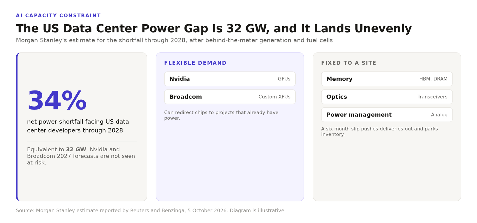 Diagram showing a 34 percent net US data center power shortfall through 2028, with Nvidia and Broadcom on the flexible side and memory, optics, power management and analog parts on the exposed side.